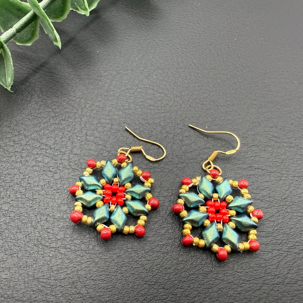 Gold-Tone Blue-Green and Red Beaded Floral Drop Earrings